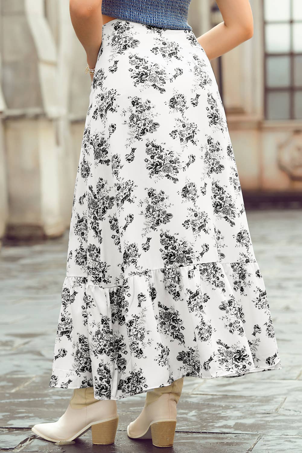 Boho Floral High Waist Ruffle Split Maxi Skirt