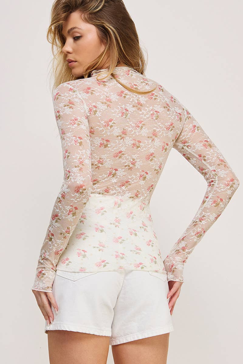 Long Sleeve Mesh Lace Lace Gold Print