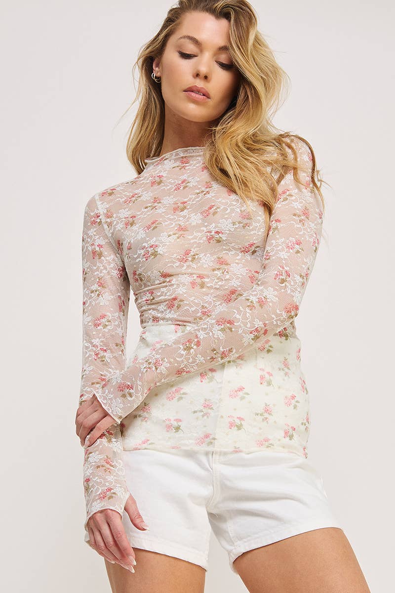 Long Sleeve Mesh Lace Lace Gold Print