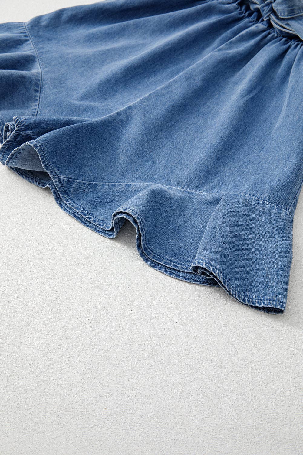 Chambray Ruffle Hem Belted Summer Romper