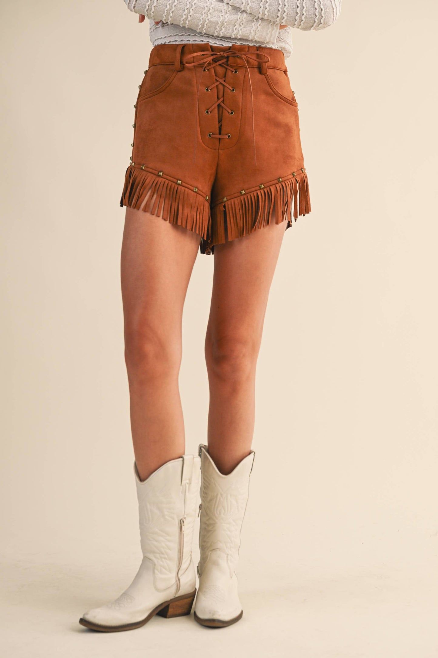 IP1442 SUEDE FRINGE STUD FRONT LACE UP SHORTS