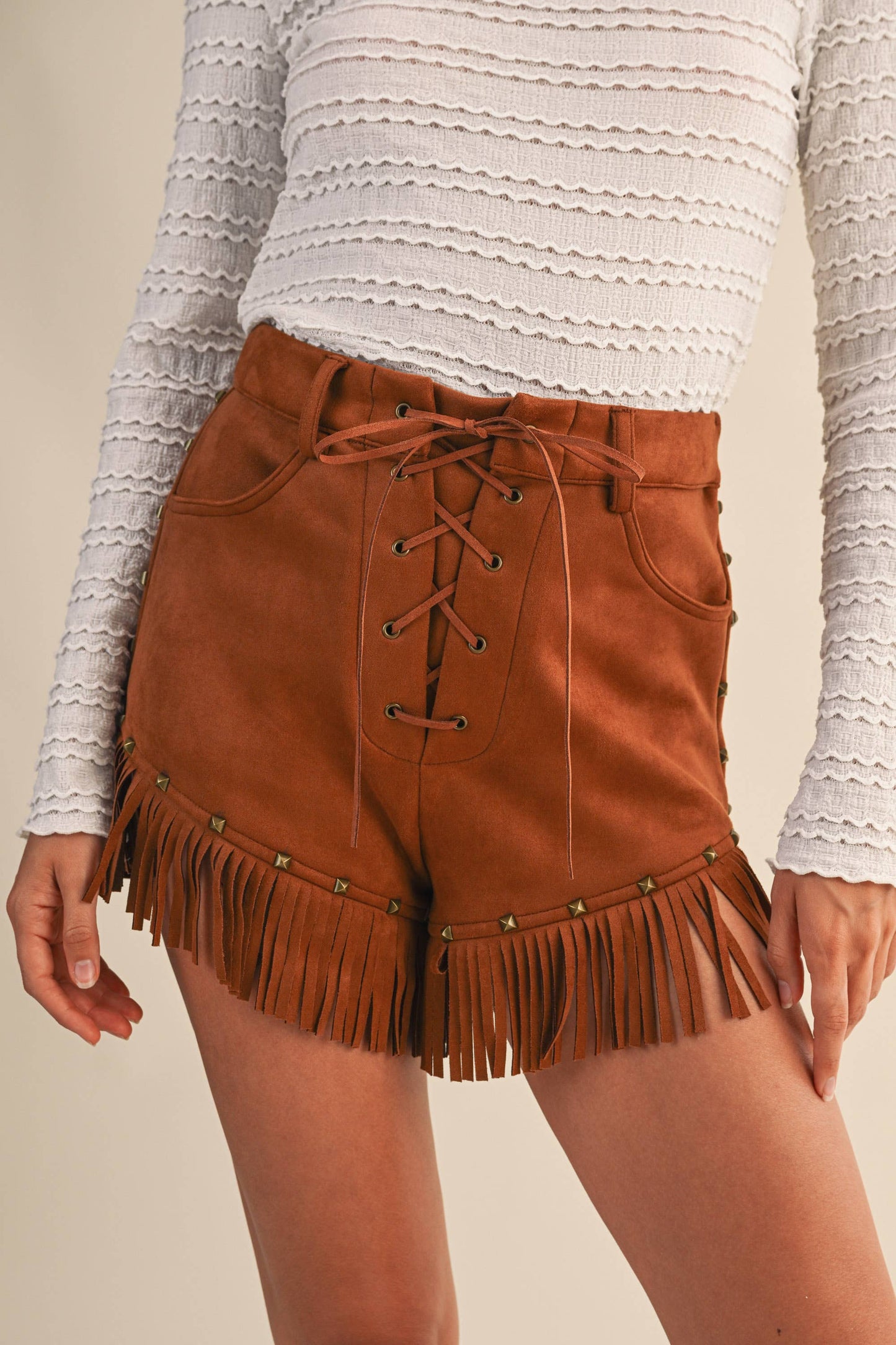 IP1442 SUEDE FRINGE STUD FRONT LACE UP SHORTS
