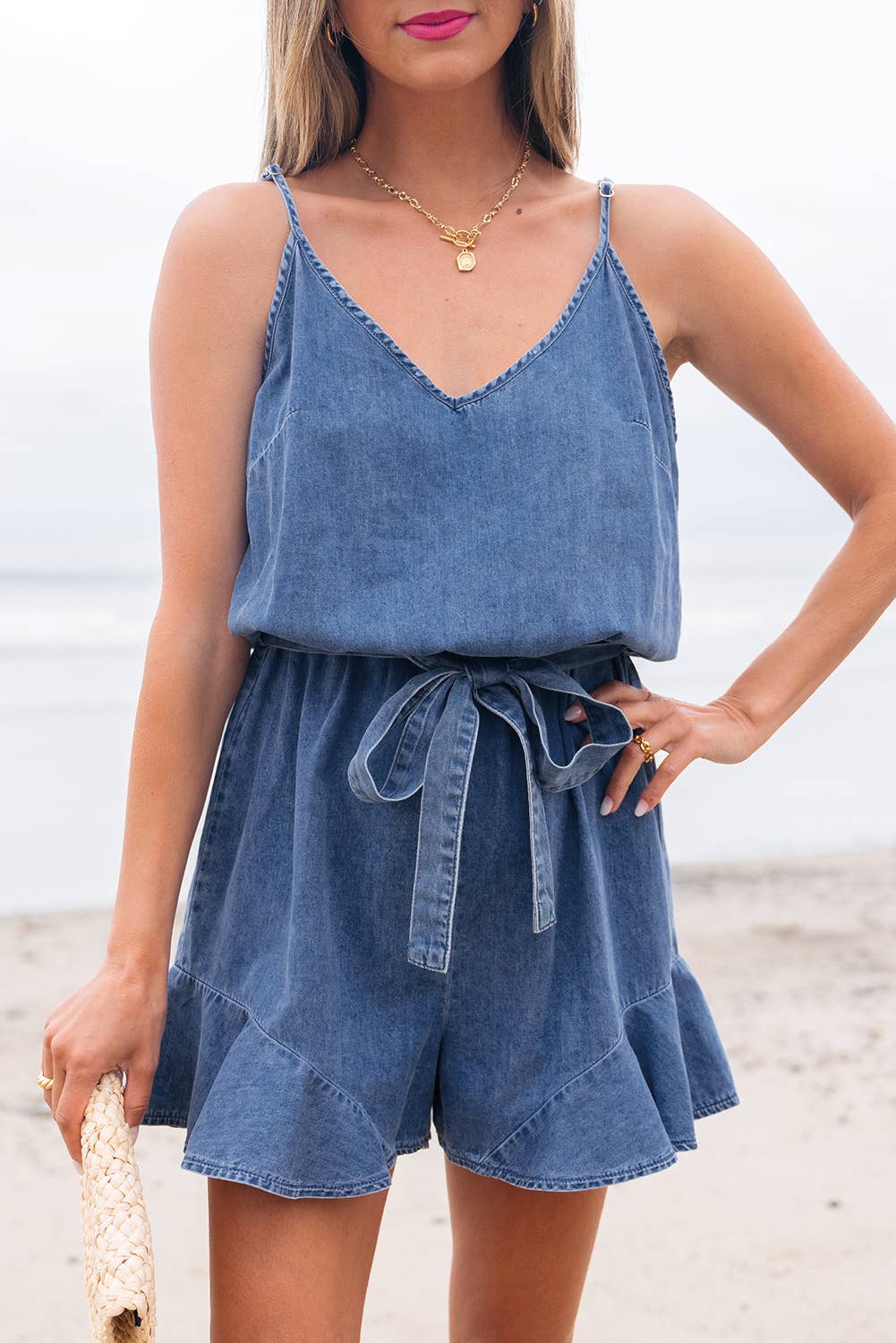 Chambray Ruffle Hem Belted Summer Romper