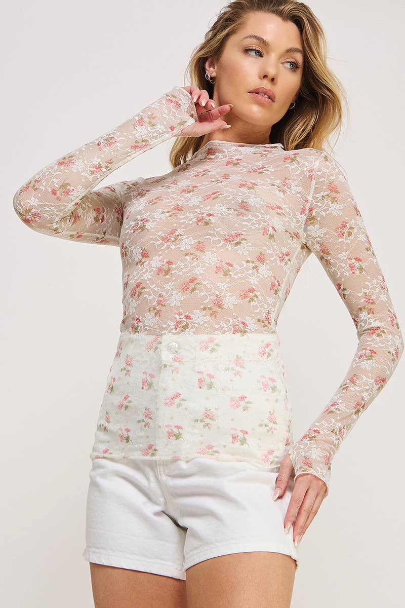 Long Sleeve Mesh Lace Lace Gold Print