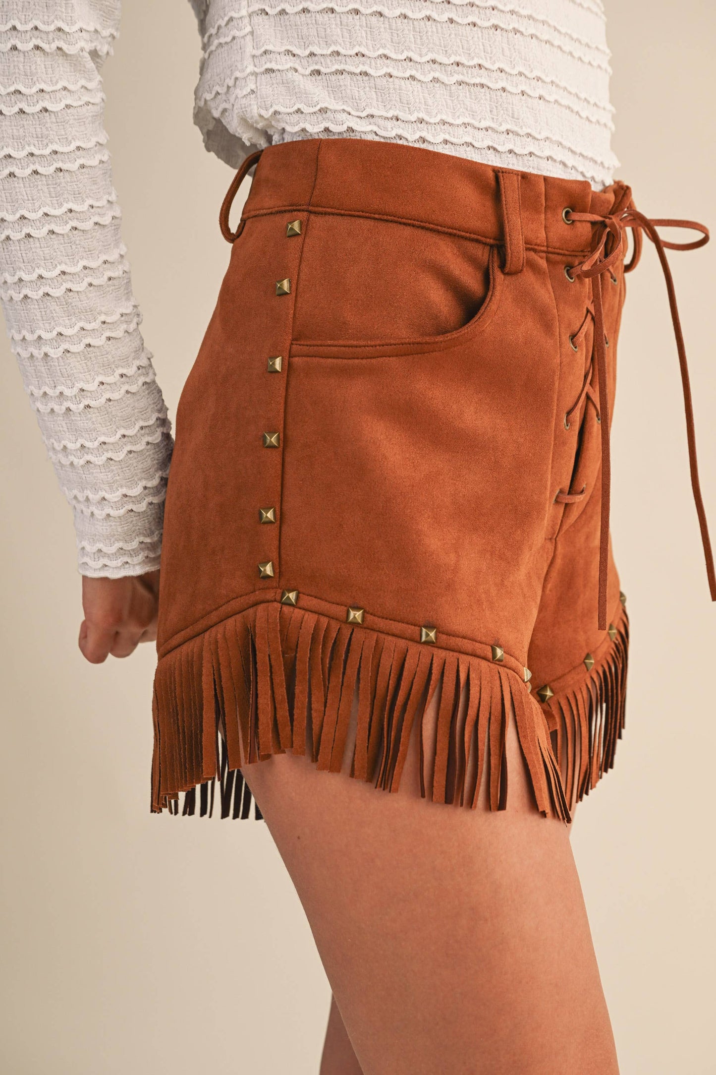 IP1442 SUEDE FRINGE STUD FRONT LACE UP SHORTS