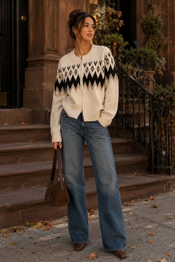 Fair Isle Zip Front Cardigan Sweater