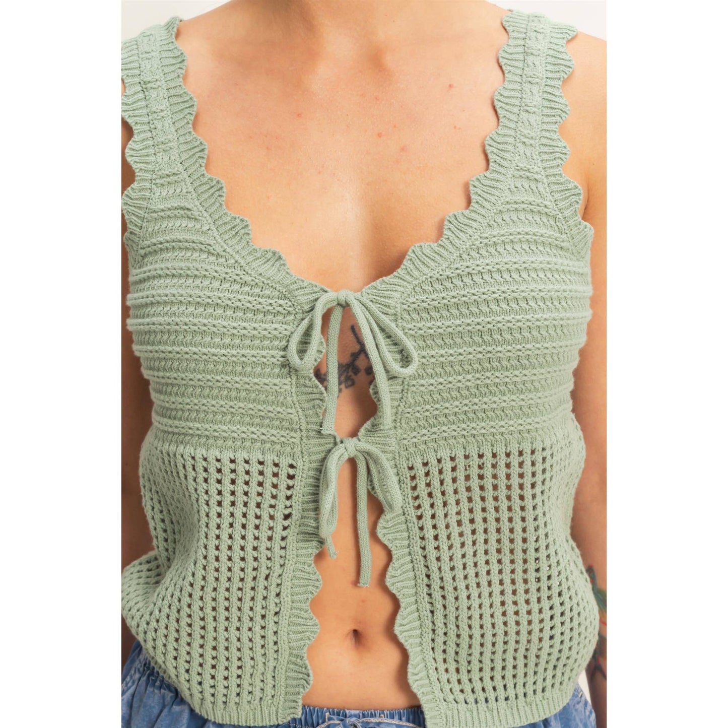 Sleeveless Open Knit Double Tie-Front Vest