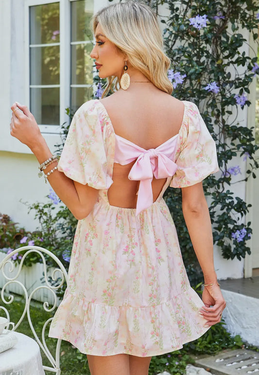 Floral Puff Sleeve Square Neck Knot Open Mini Dress