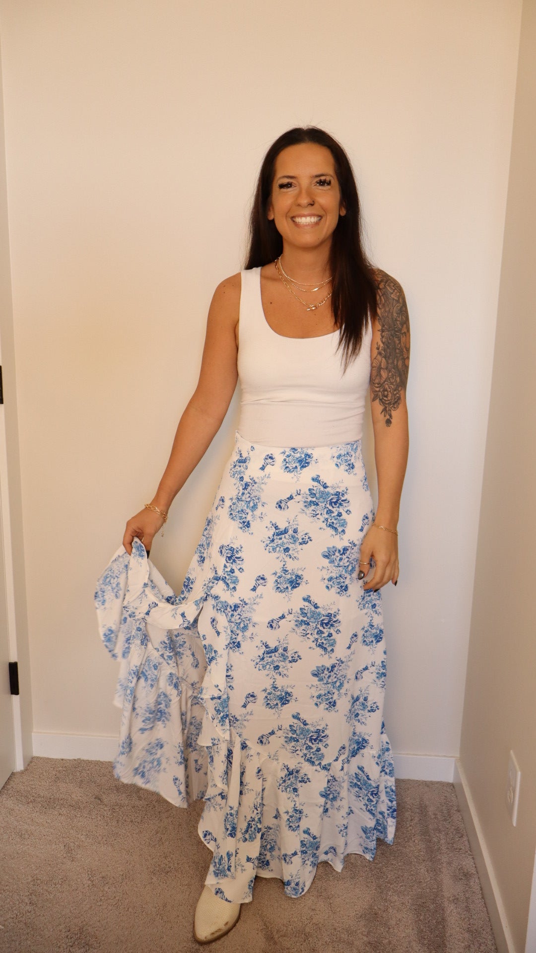 High Waist Floral Skirt - Ruffle Split