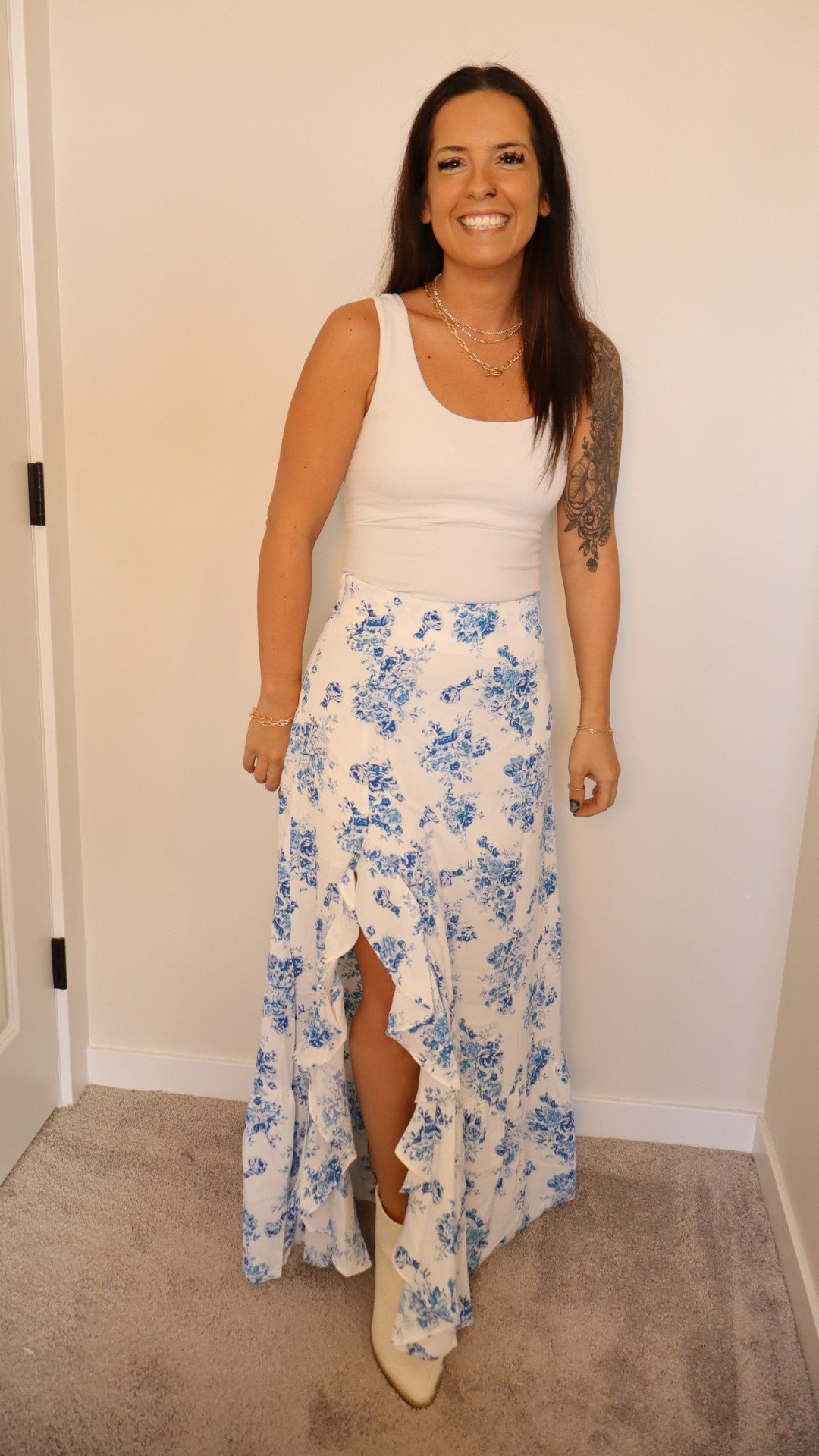 High Waist Floral Skirt - Ruffle Split