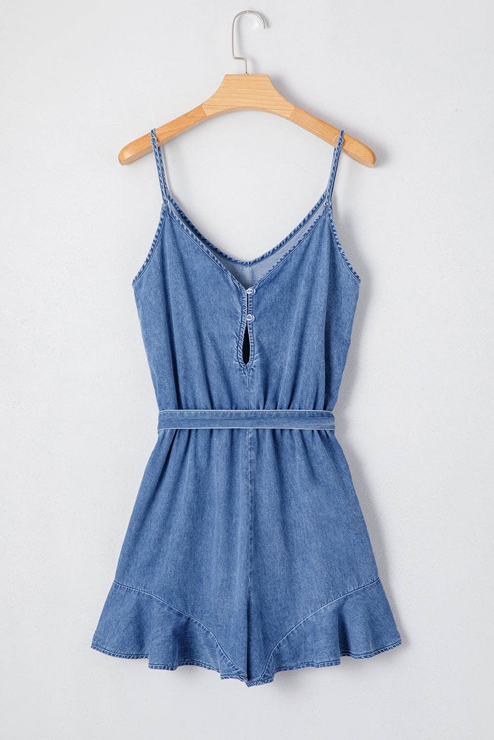 Chambray Ruffle Hem Belted Summer Romper