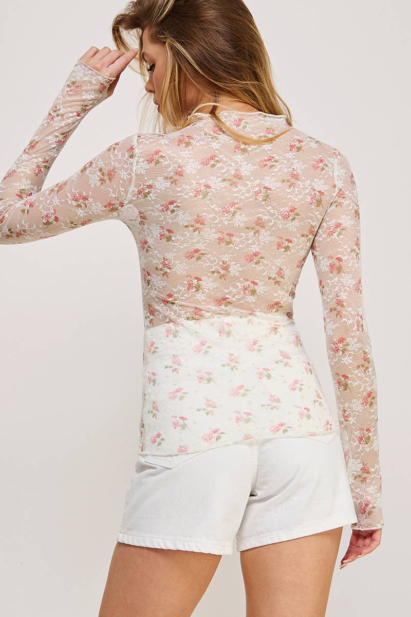 Long Sleeve Mesh Lace Lace Gold Print