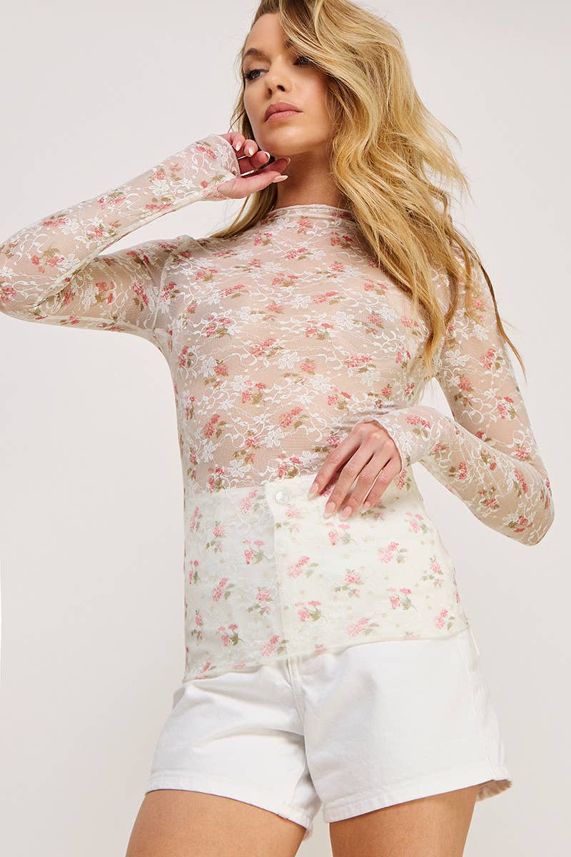 Long Sleeve Mesh Lace Lace Gold Print