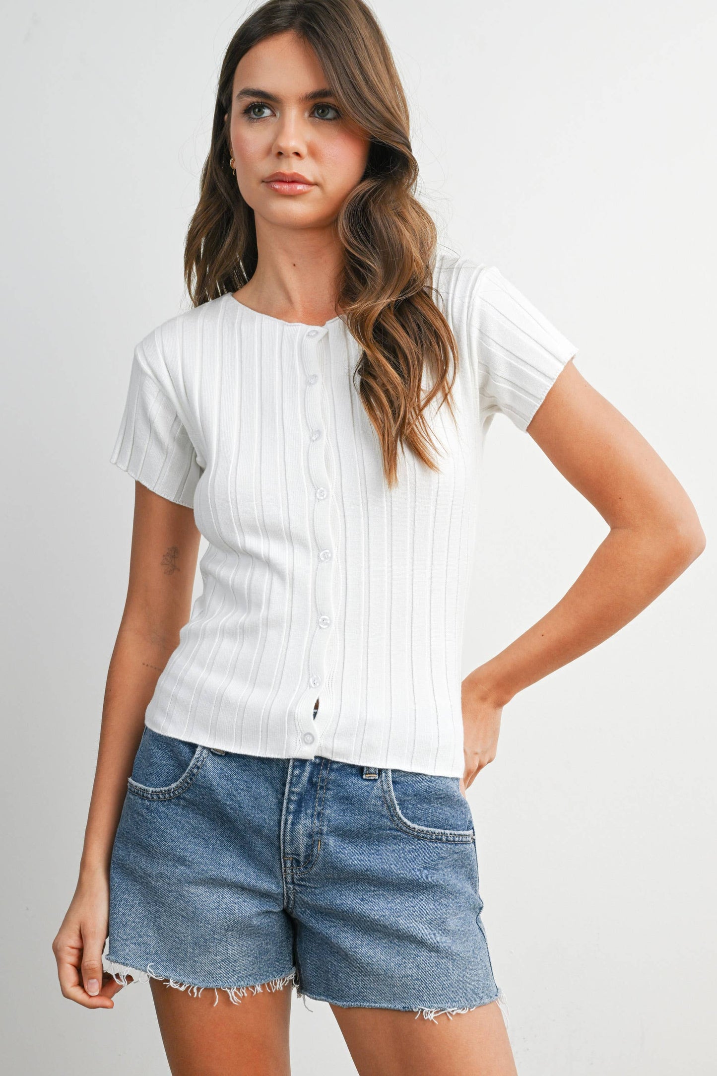 Ribbed Short Sleeve Buttoned Top - BMW8319