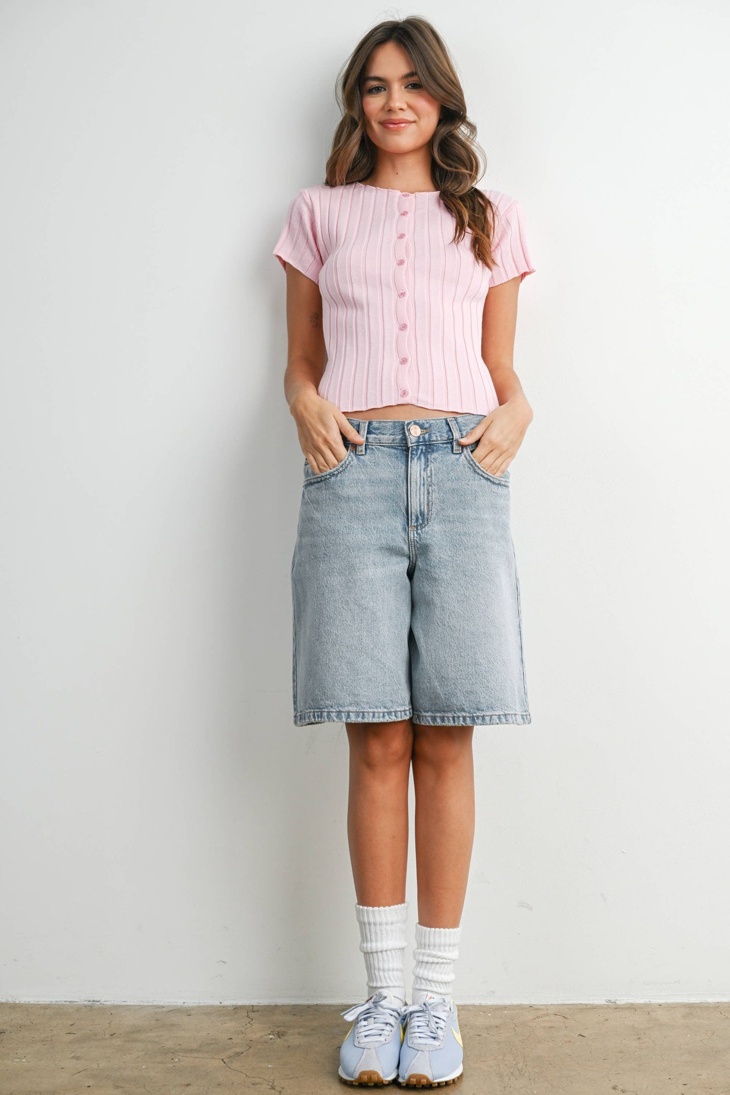 Ribbed Short Sleeve Buttoned Top - BMW8319
