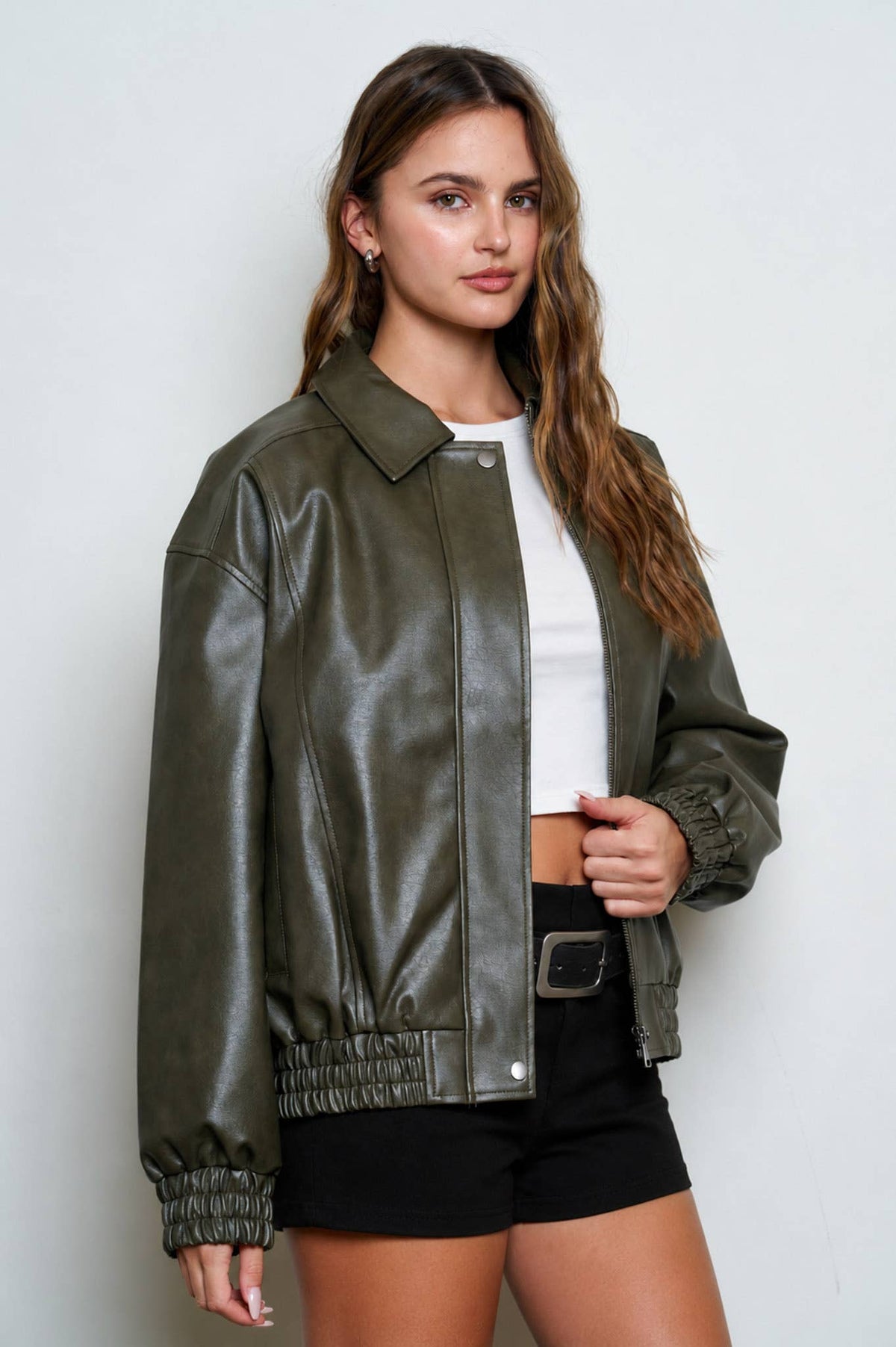 FAUX LEATHER COLLARED ZIP-UP BOMBER JACKET