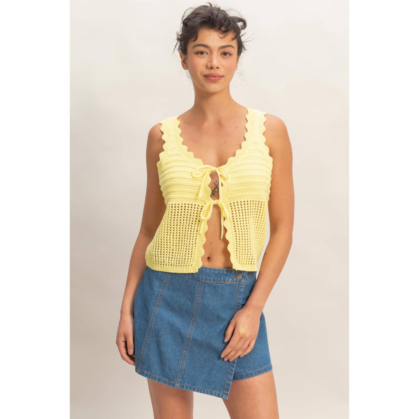 Sleeveless Open Knit Double Tie-Front Vest