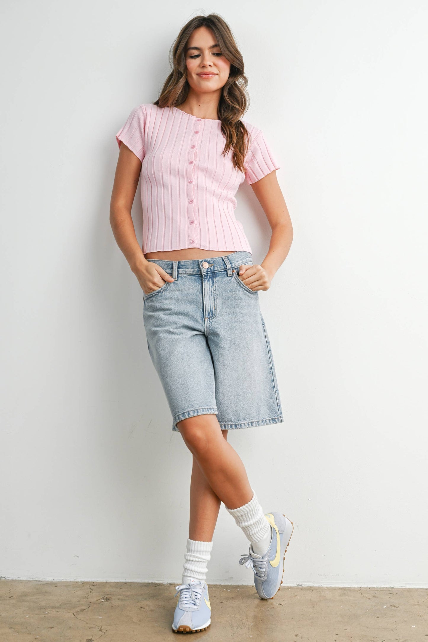 Ribbed Short Sleeve Buttoned Top - BMW8319