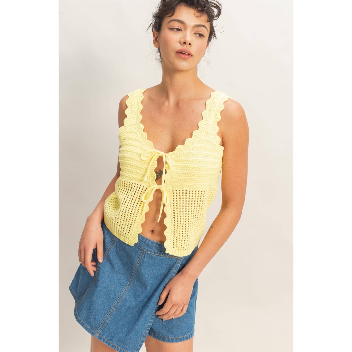Sleeveless Open Knit Double Tie-Front Vest