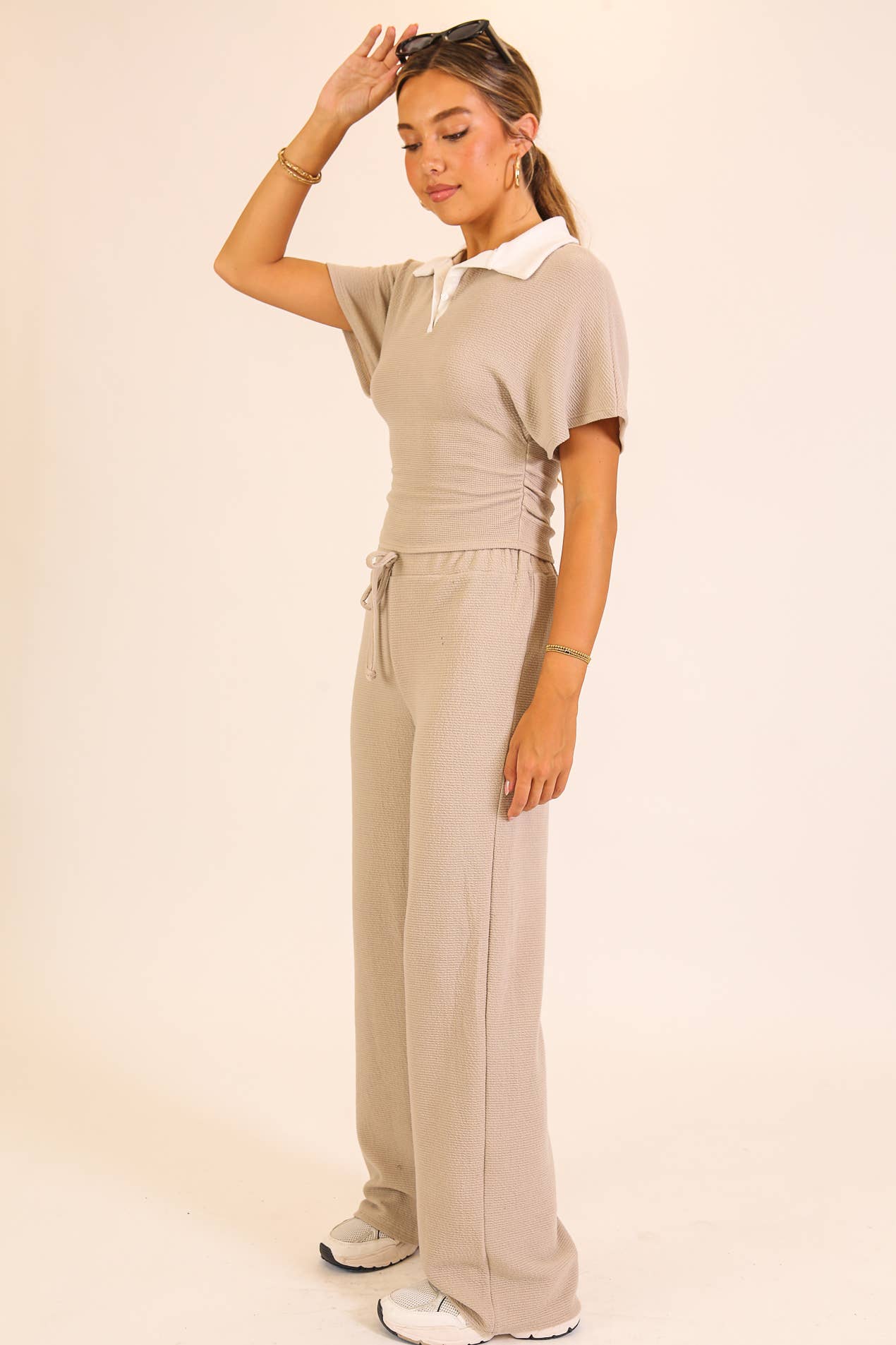 Textured Polo Lounge Top & Wide-Leg Pant Set