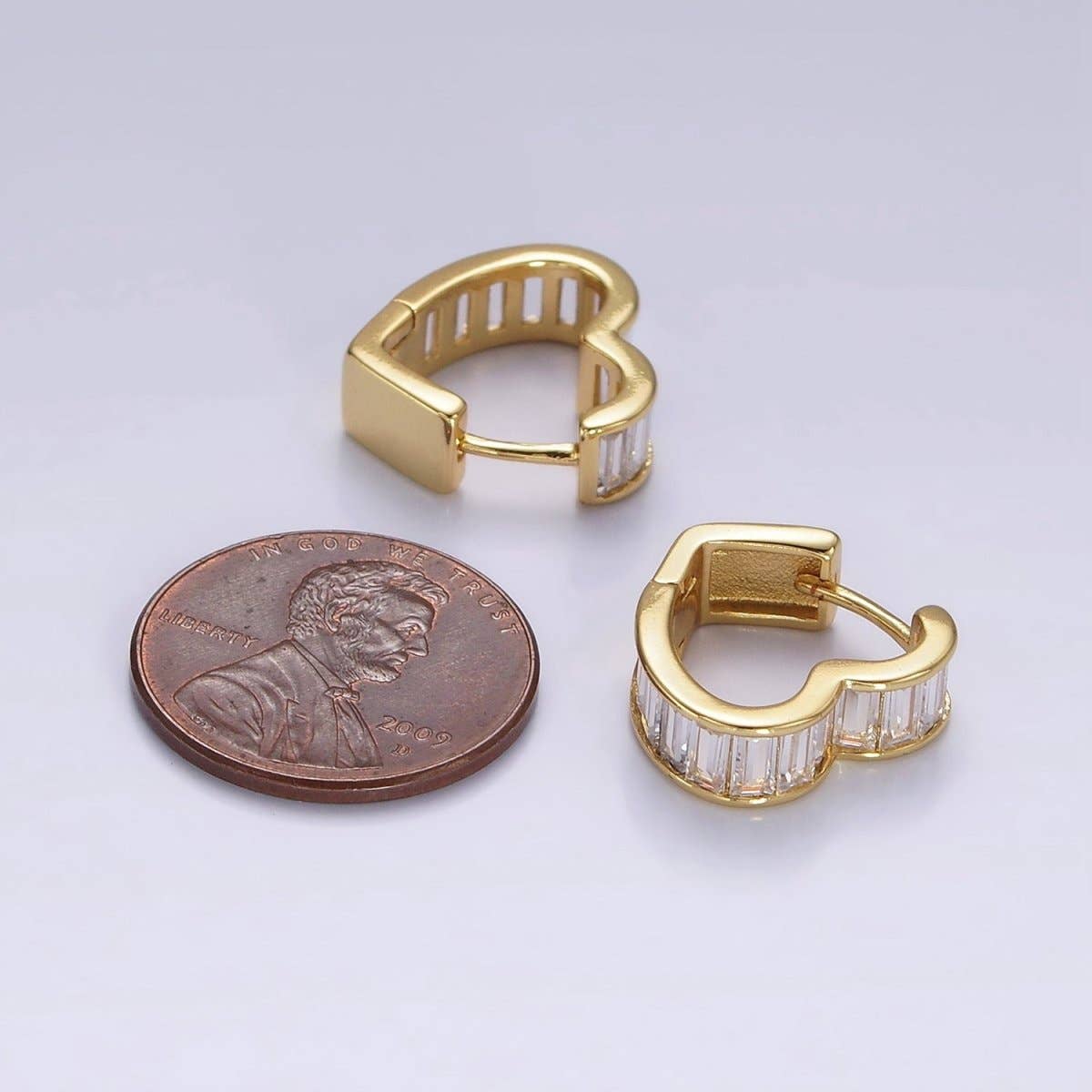 14K Gold Filled 15mm Clear Baguette Lined Heart Huggie Earrings