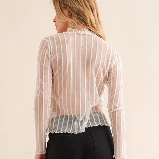 White Long Sleeve Sheer Mesh Lace Top