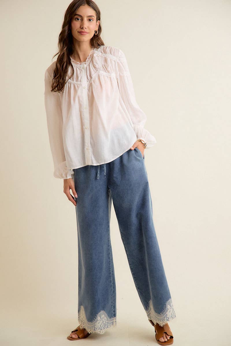 LACE TRIM WIDE LEG ELASTIC MID RISE DENIM PANTS