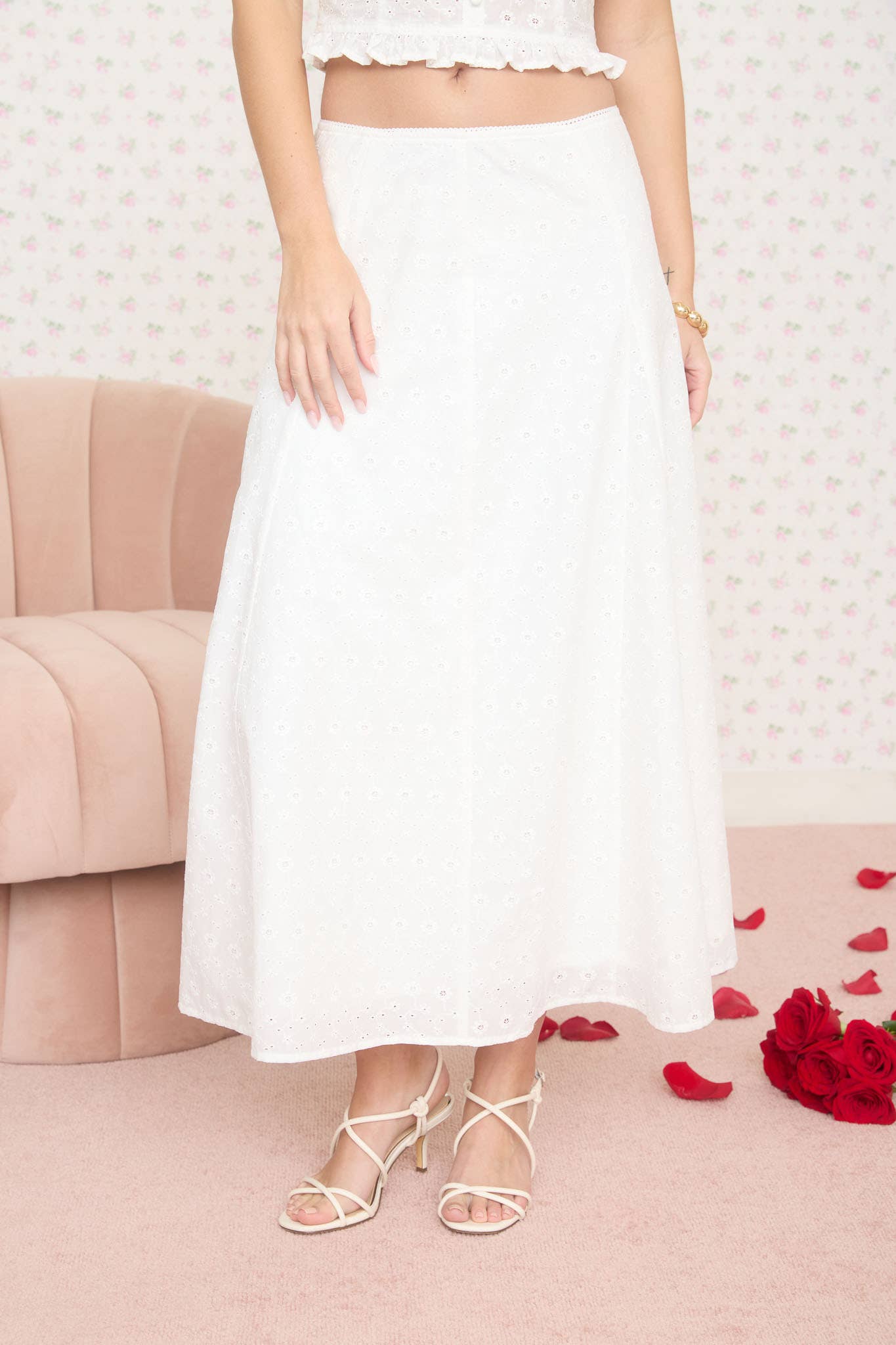 White Eyelet Pattern Midi Skirt