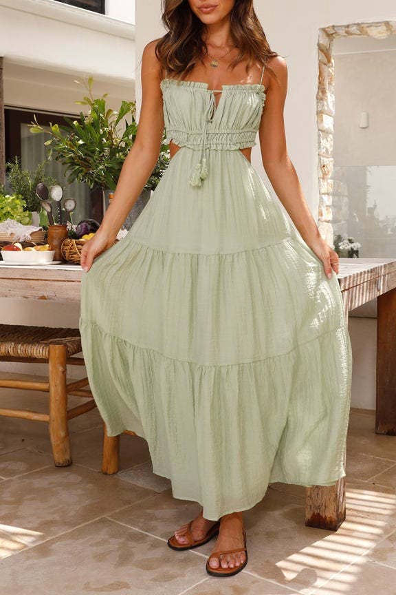 Backless long tiered dress in sage
