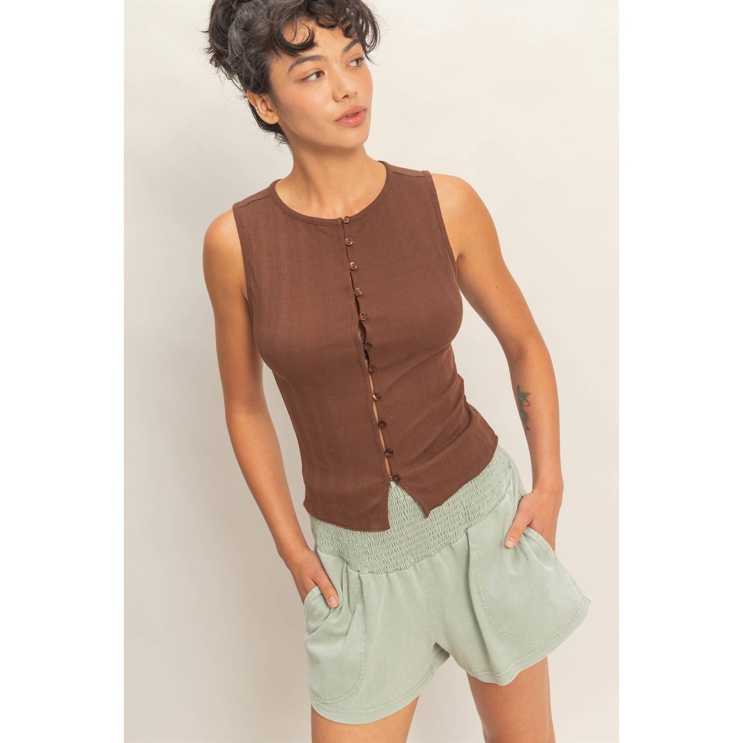 Sleeveless Pointelle Button Front Top