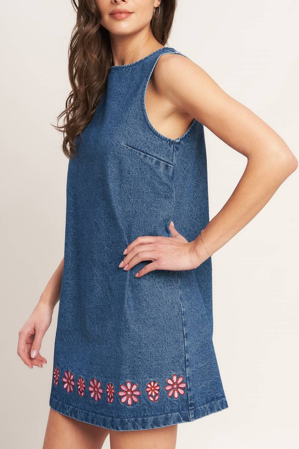 Denim Mini Dress with Dainty Pink Flowers