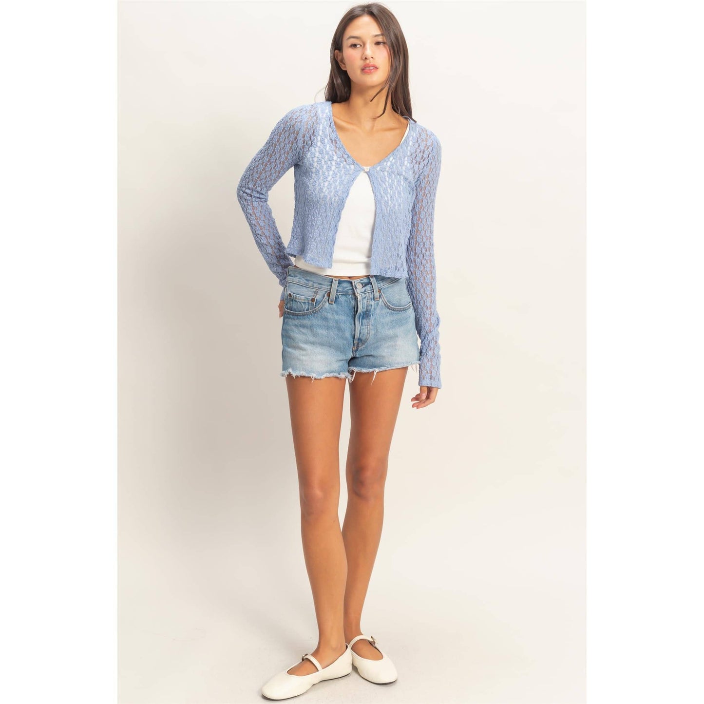 Pearl Button Sheer Lace Cardigan Top