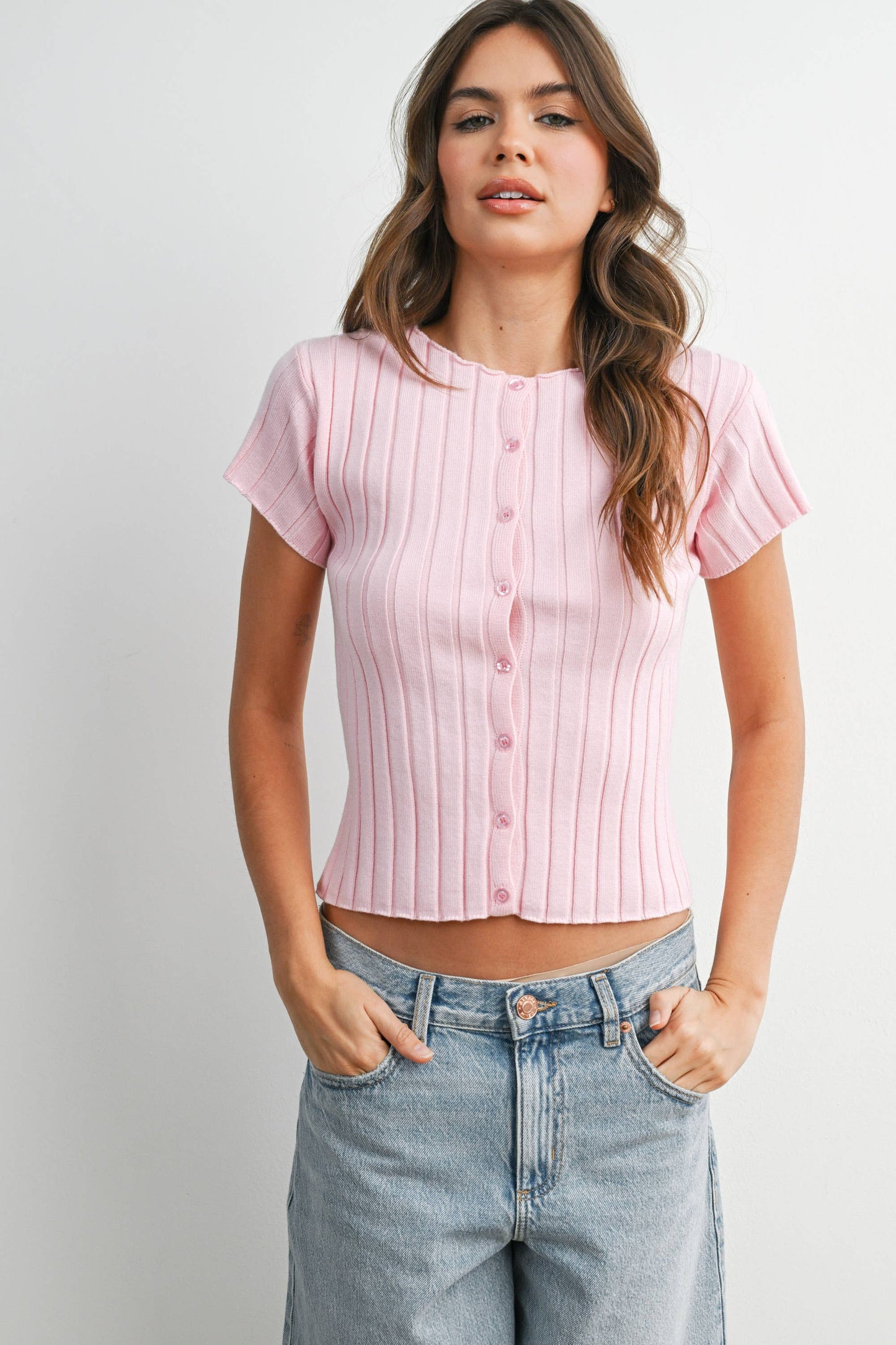 Ribbed Short Sleeve Buttoned Top - BMW8319