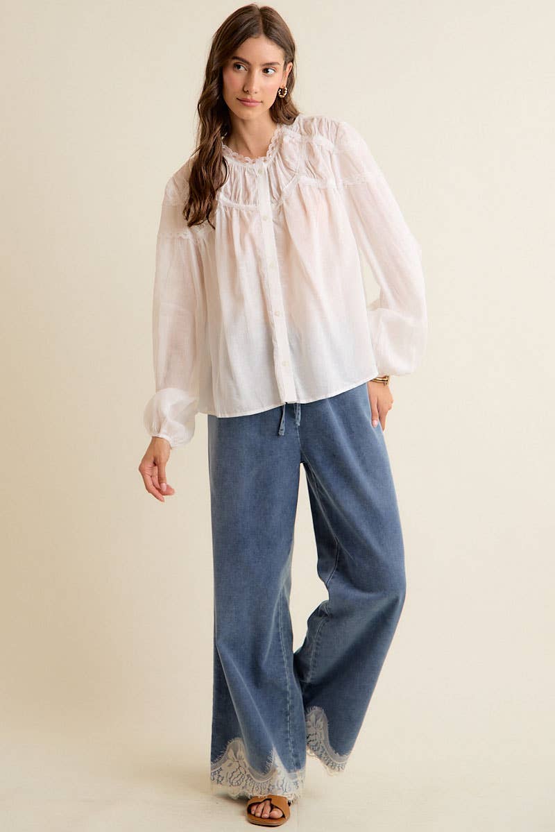 LACE TRIM WIDE LEG ELASTIC MID RISE DENIM PANTS
