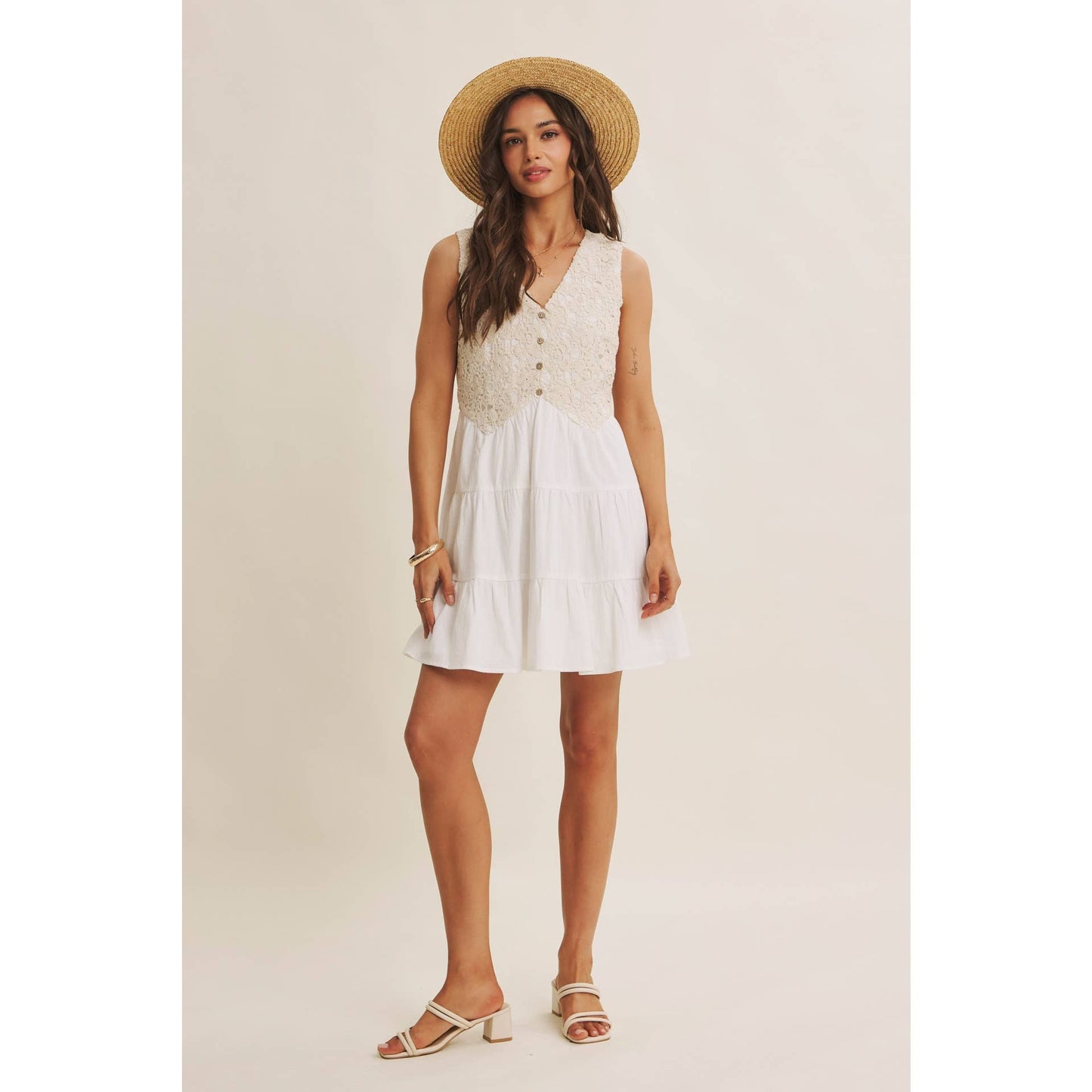 FRENCH PICNIC MIXED MEDIA COTTON CROCHET MINI DRESS