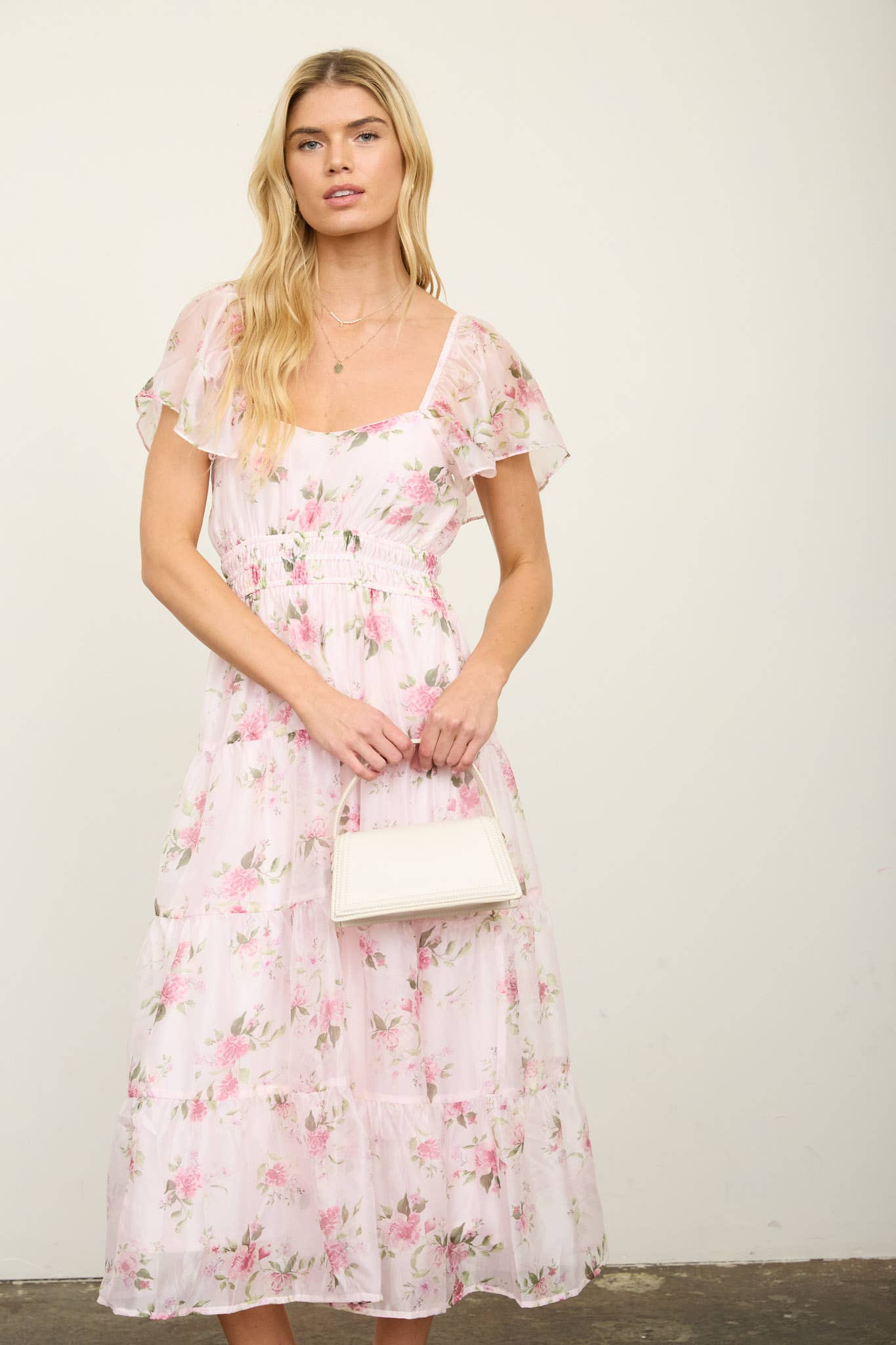 Floral Chiffon Flounce Sleeve Midi Dress