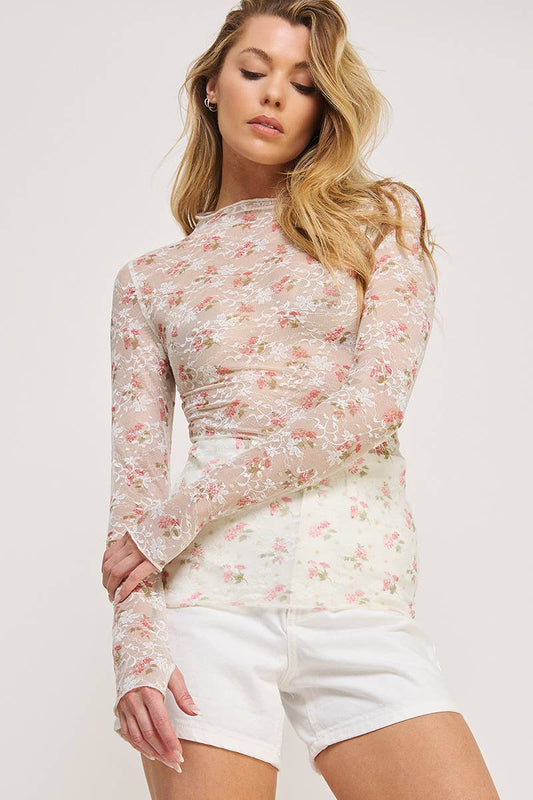 Long Sleeve Mesh Lace Lace Gold Print