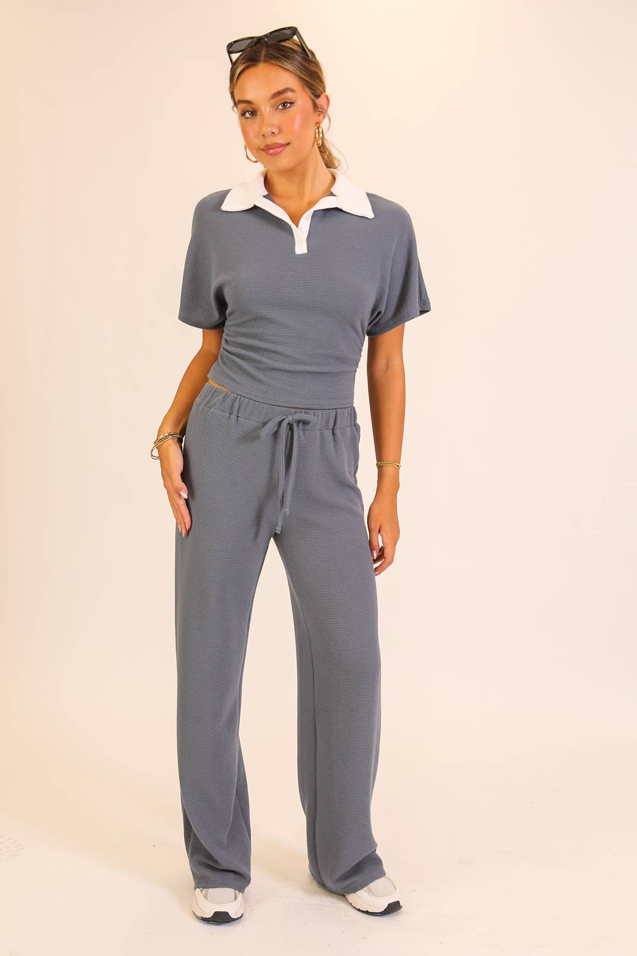 Textured Polo Lounge Top & Wide-Leg Pant Set