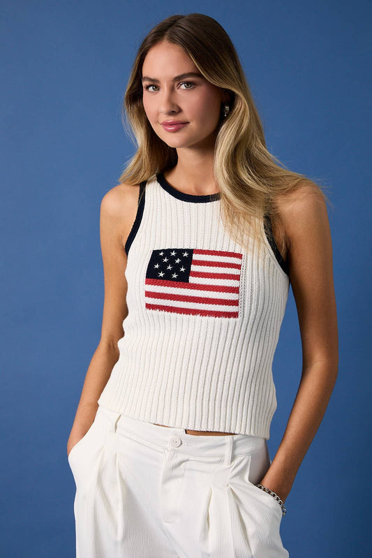 "USA FLAG " ROUND NECK CONTRAST COLOR RIBBED SWEATER TOP