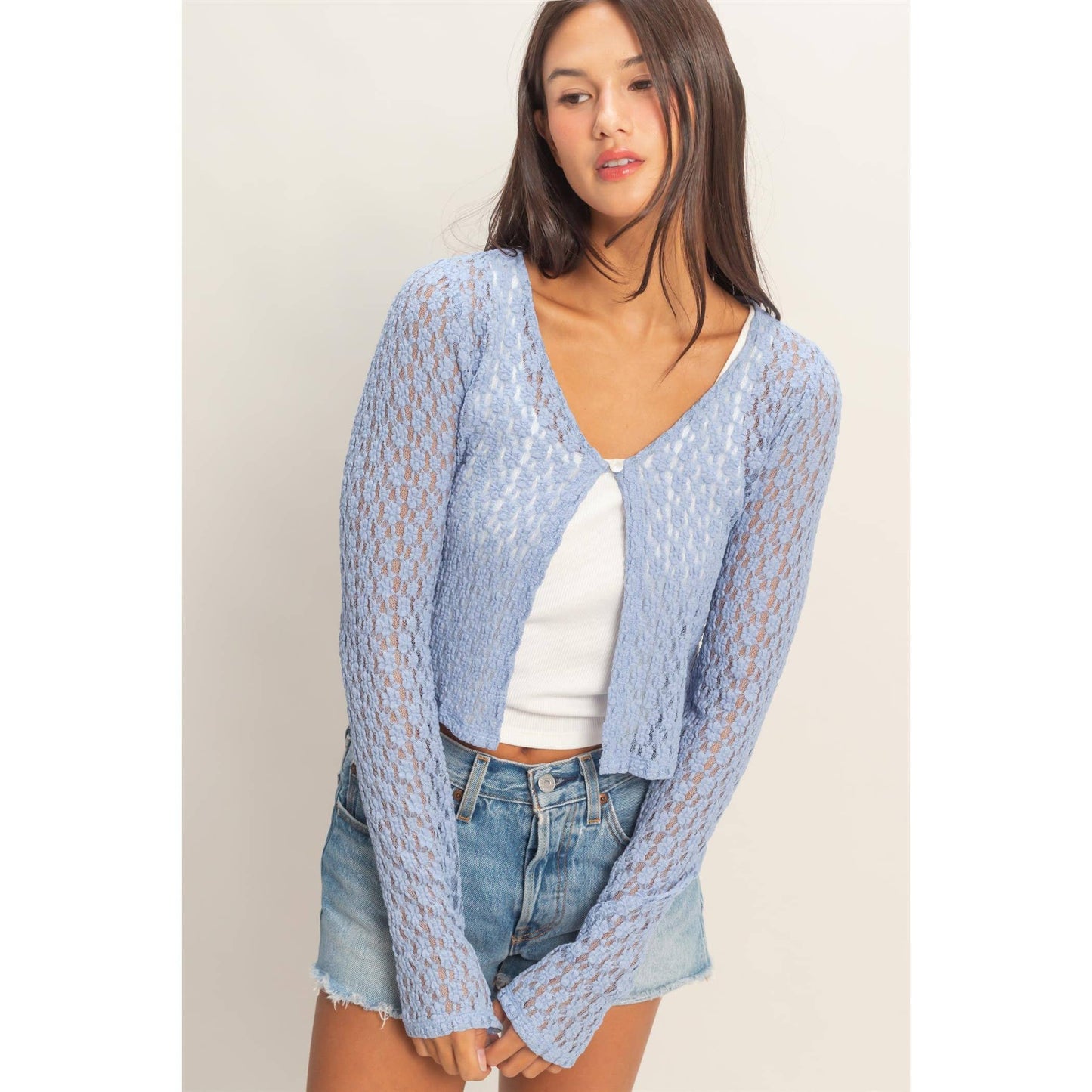 Pearl Button Sheer Lace Cardigan Top