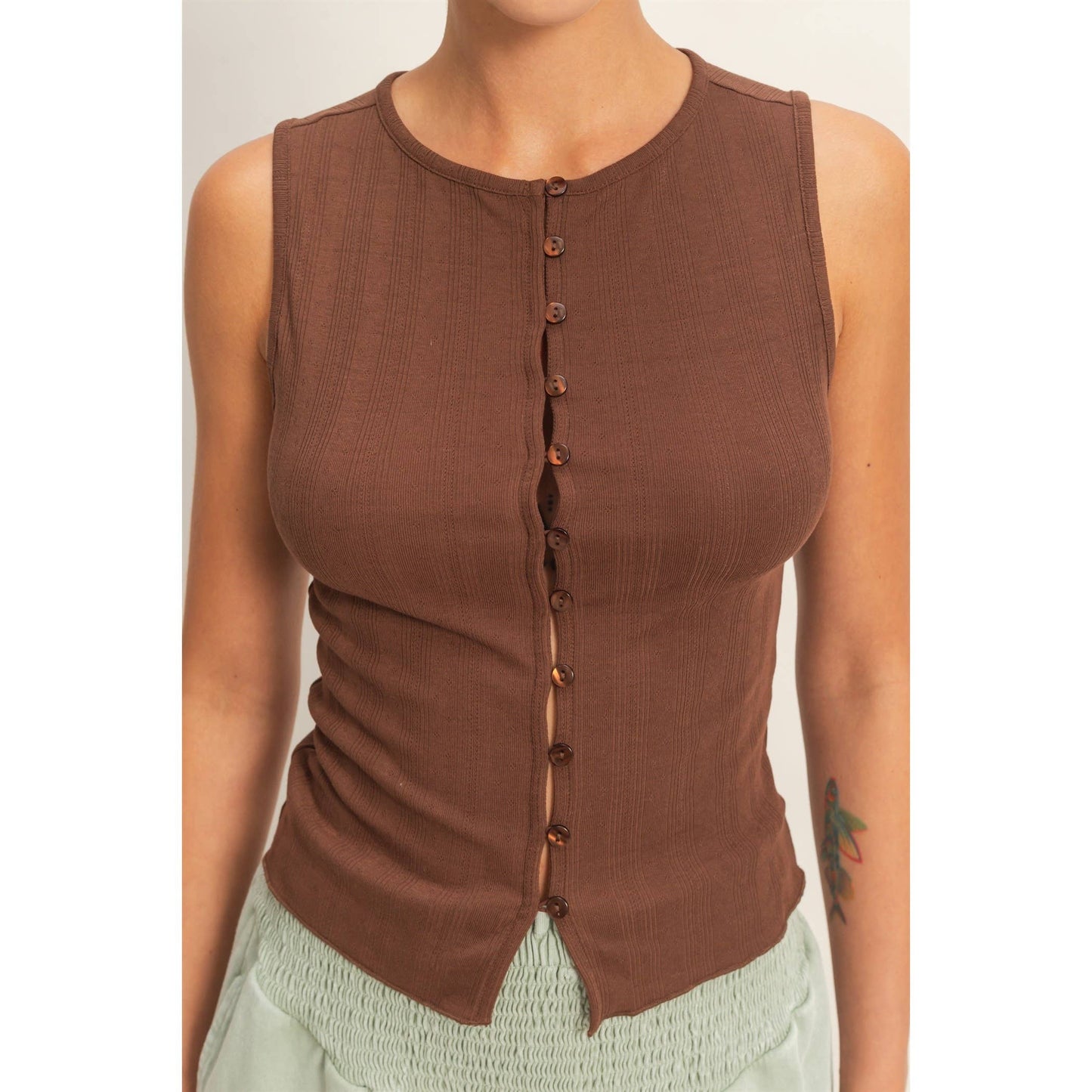 Sleeveless Pointelle Button Front Top