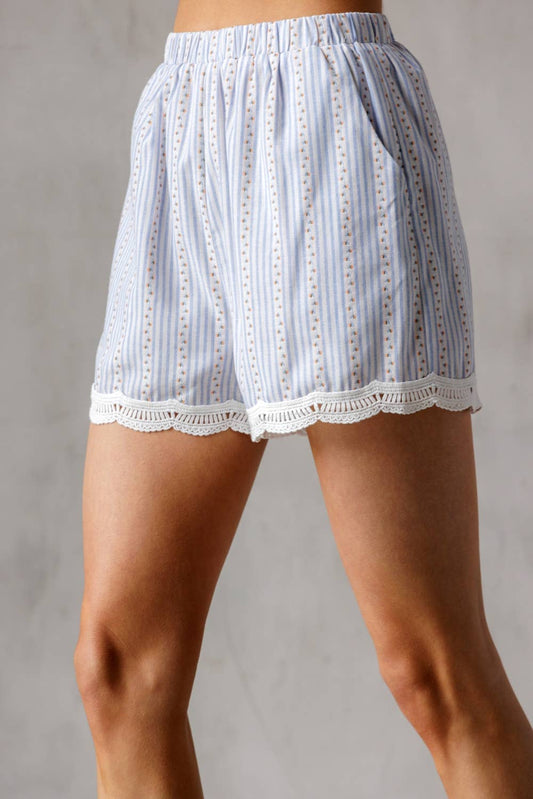 Blue & White with Tiny Floral Print Scalloped Shorts