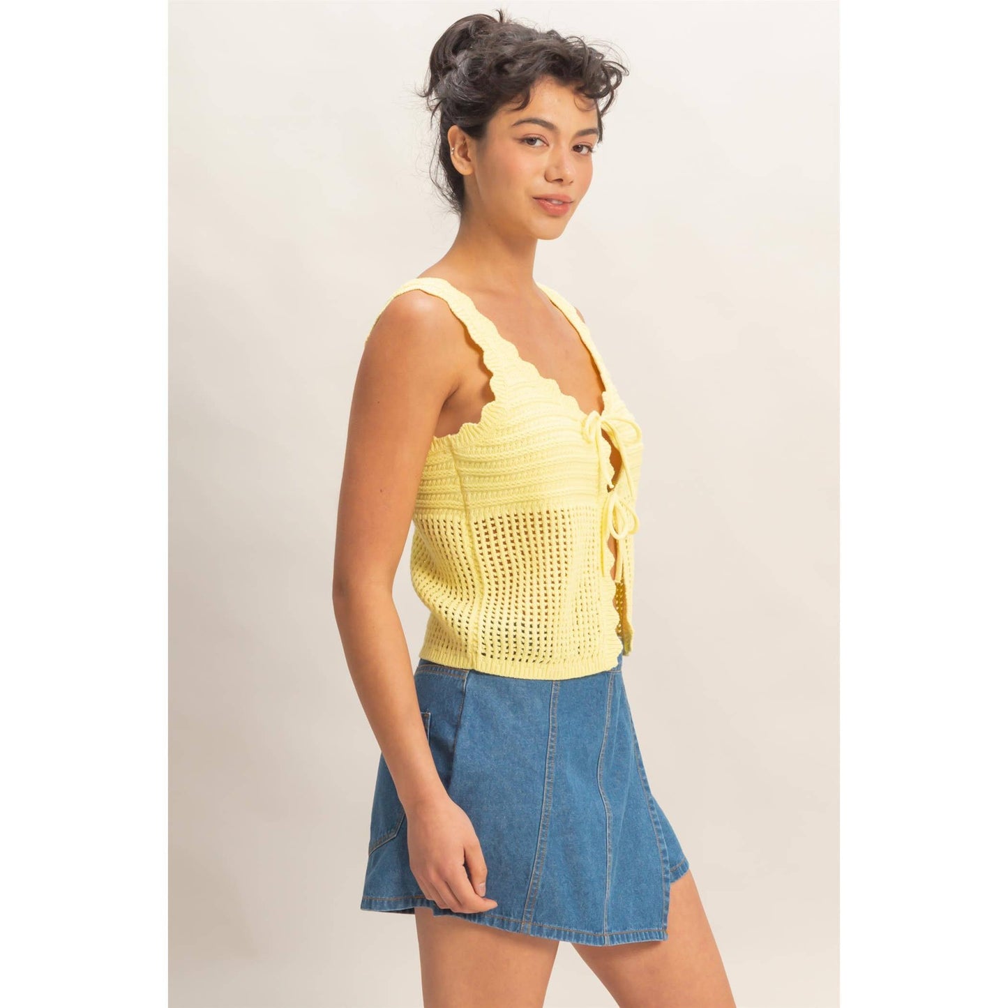 Sleeveless Open Knit Double Tie-Front Vest