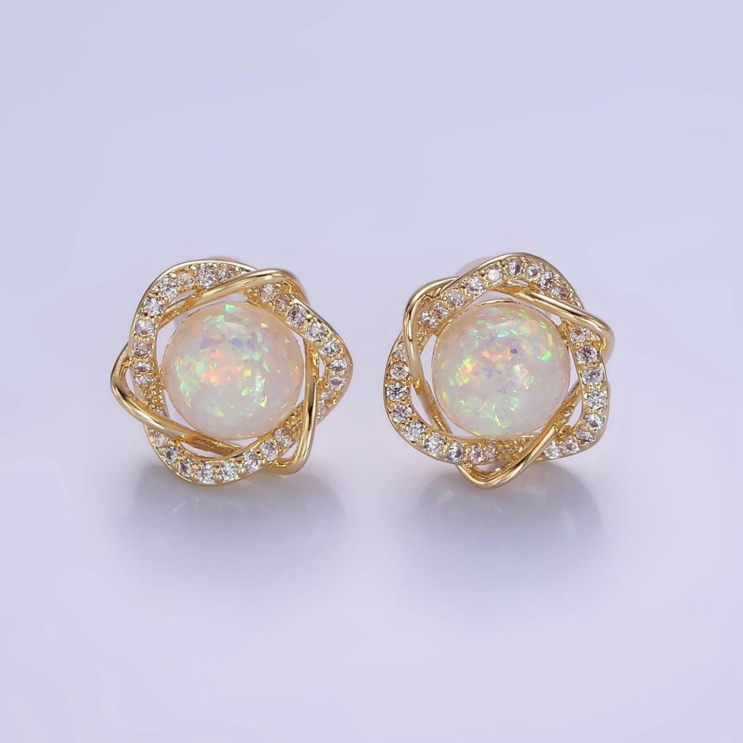 White Opal Curved Micro Paved Band Round Stud Earrings