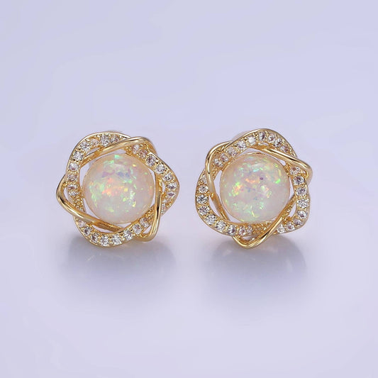 White Opal Curved Micro Paved Band Round Stud Earrings