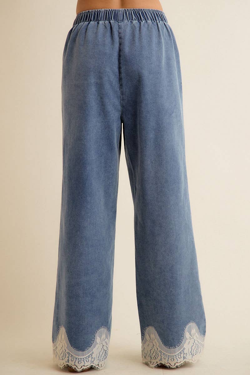 LACE TRIM WIDE LEG ELASTIC MID RISE DENIM PANTS