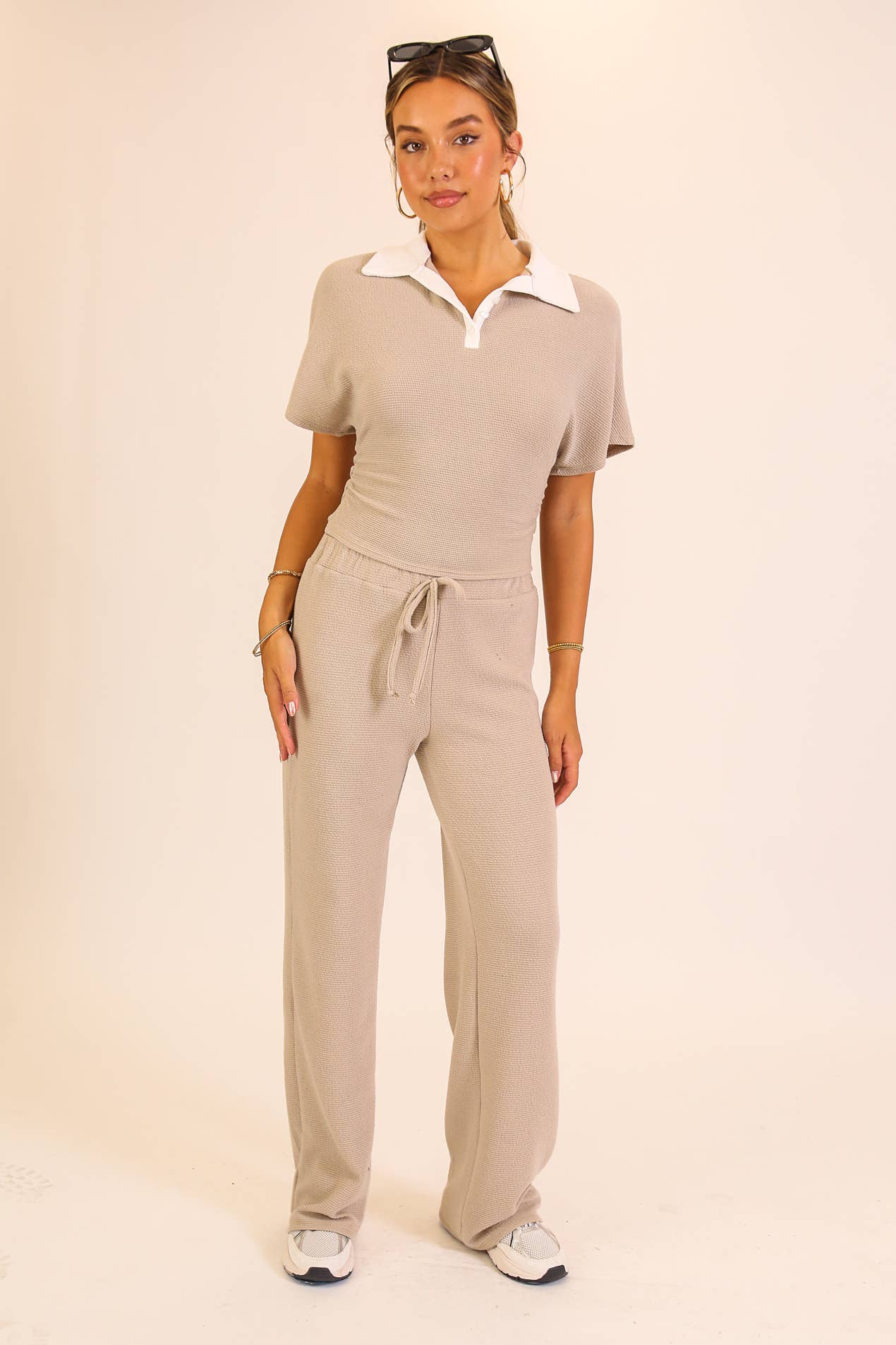 Textured Polo Lounge Top & Wide-Leg Pant Set
