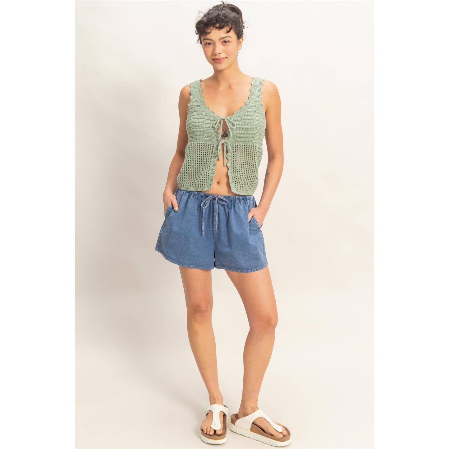 Sleeveless Open Knit Double Tie-Front Vest