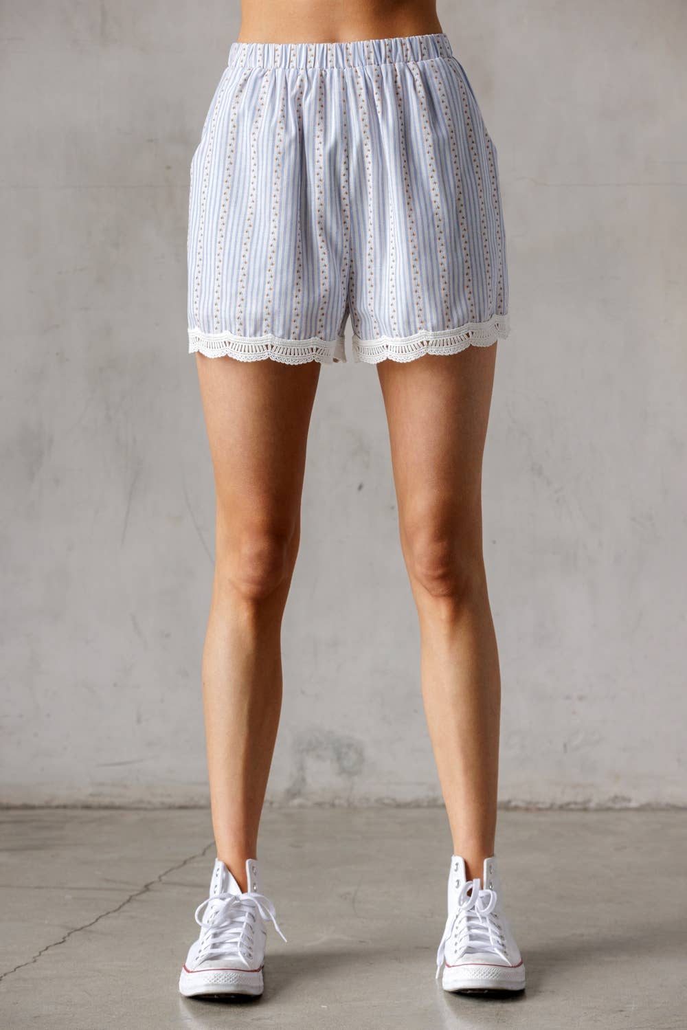 Blue & White with Tiny Floral Print Scalloped Shorts