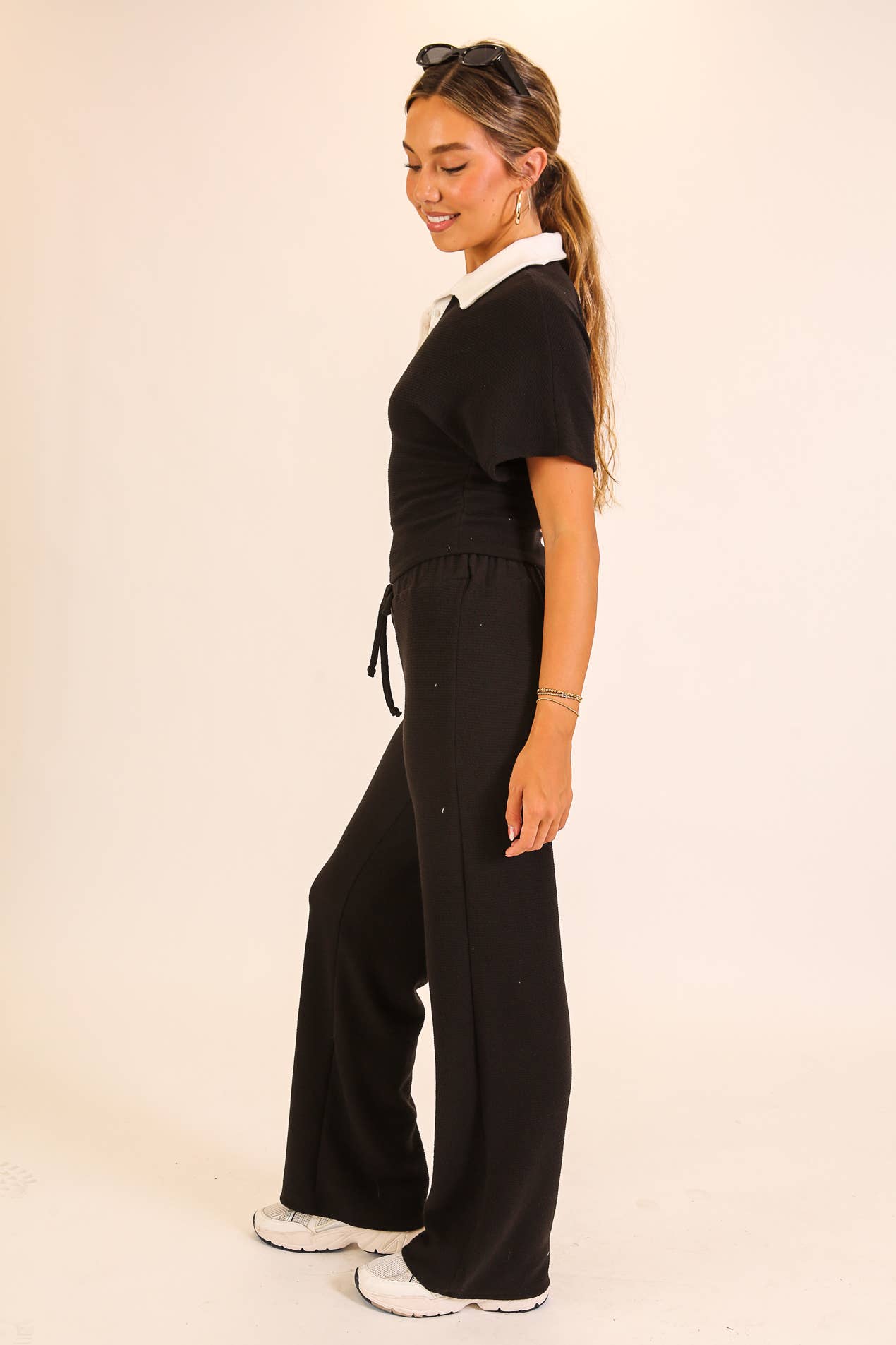 Textured Polo Lounge Top & Wide-Leg Pant Set